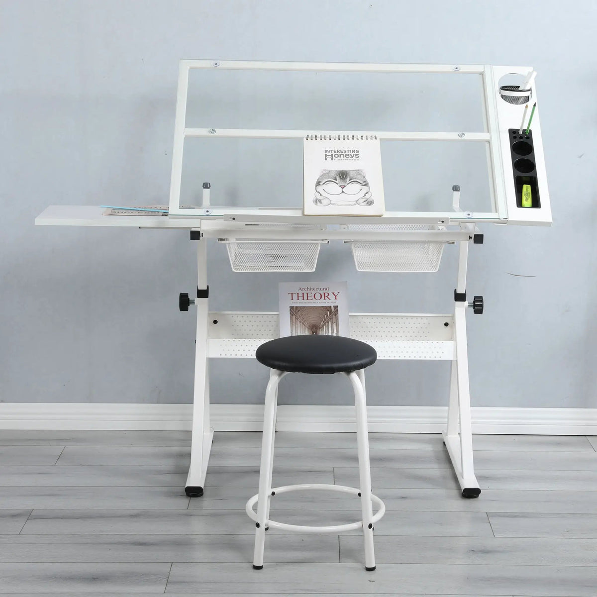 Tempered Glass Drafting Table | Adjustable Tilt 0 To 75 Degrees | Two Metal Drawers | Chair Included