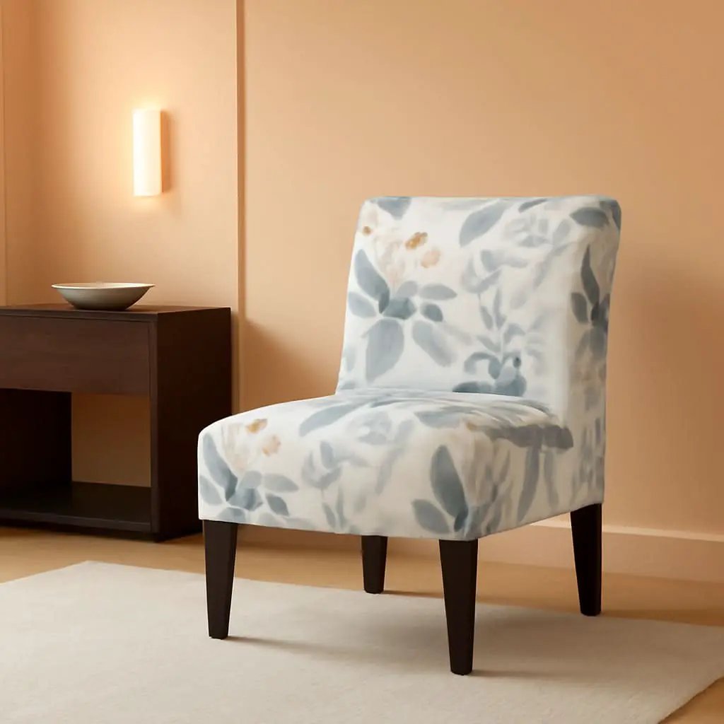 Armless Contemporary Chair With Blue Leaves Upholstery from PriceLows™