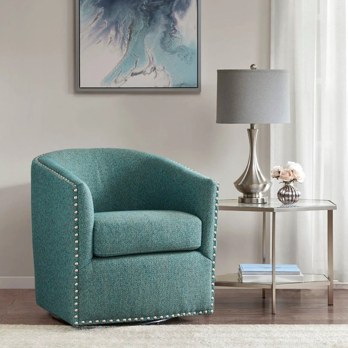 Swivel Chair With 360 Degree Rotation | Silver Nailhead Accents | Metal Base | High-Density Foam Cushion