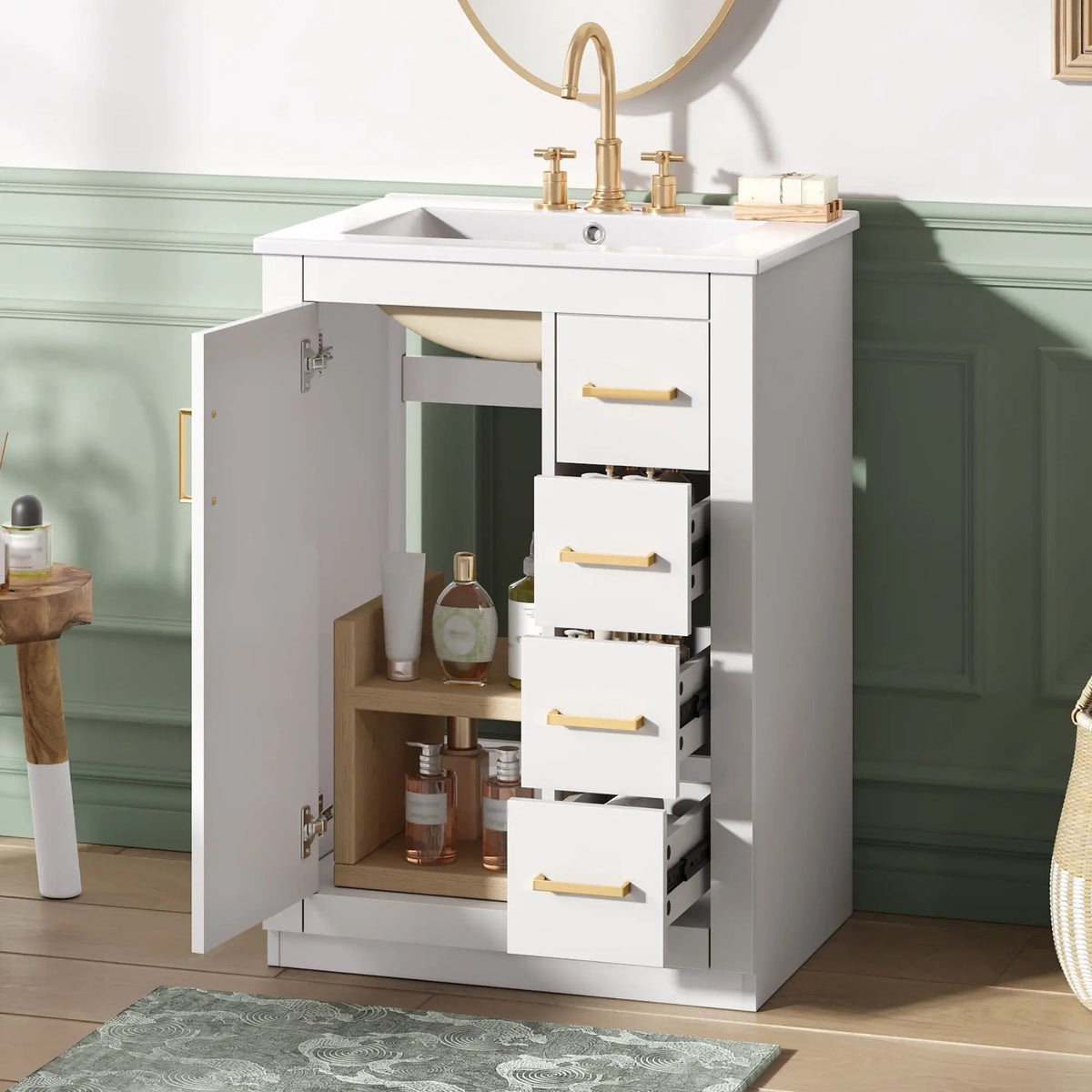 24 Inch Modern Bathroom Vanity | 1 Door 3 Drawers | Ceramic Sink | Compact Footprint