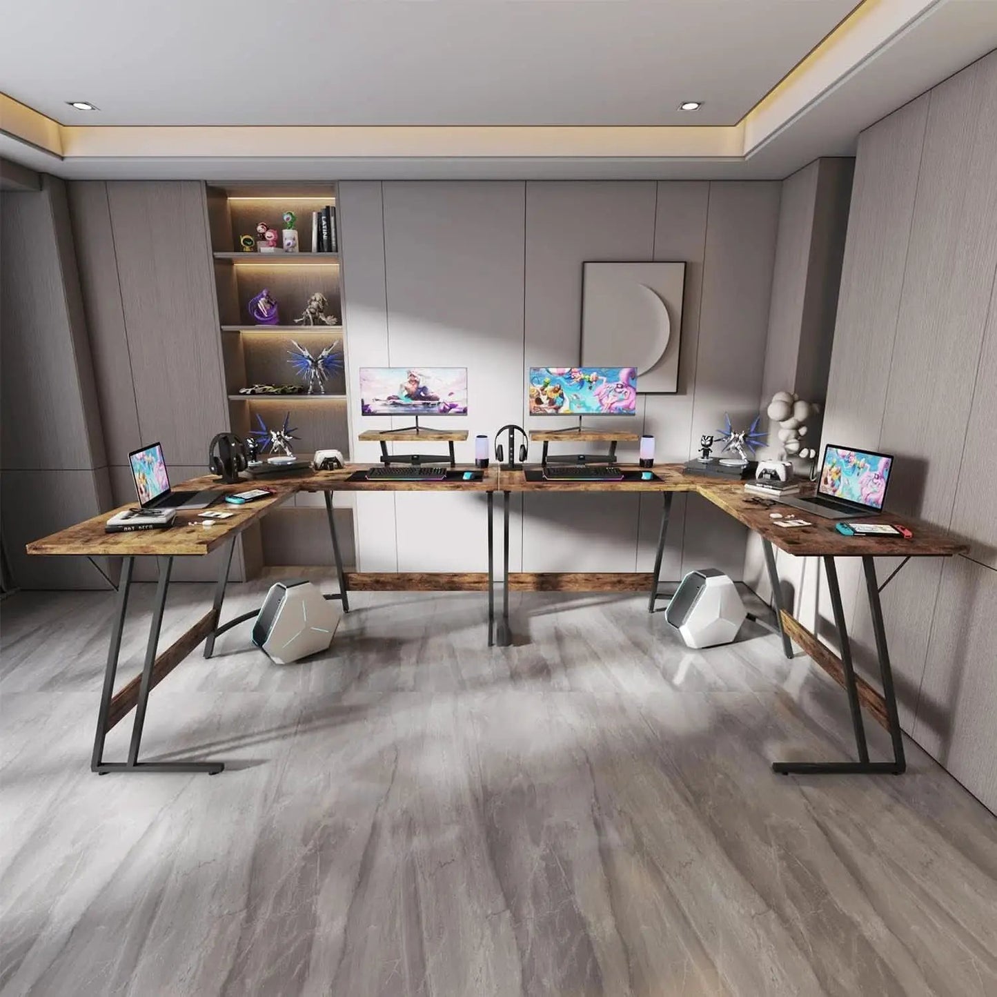 L Shaped Gaming Desk 51 Inch With Monitor Riser Brown from PriceLows™