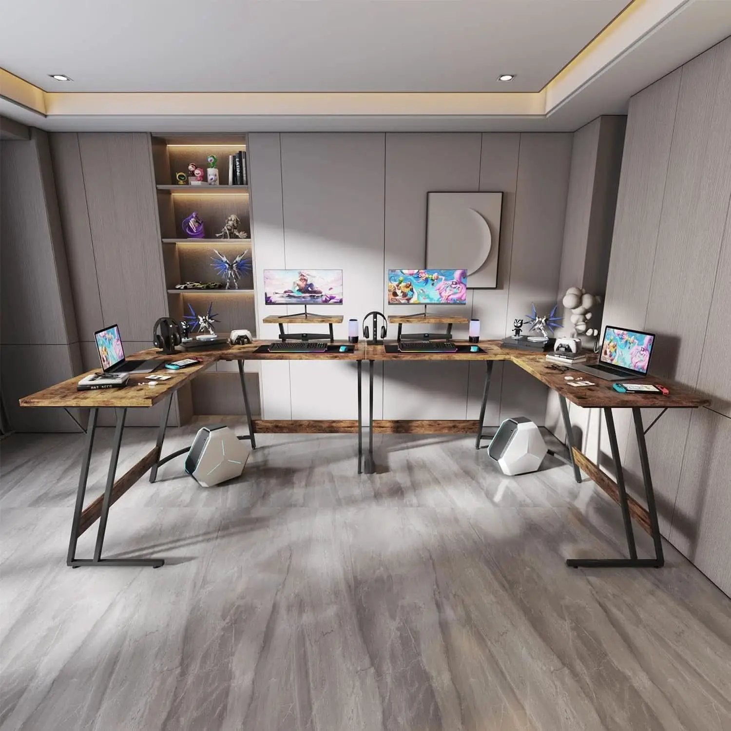 L Shaped Gaming Desk 51 Inch With Monitor Riser Brown from PriceLows™