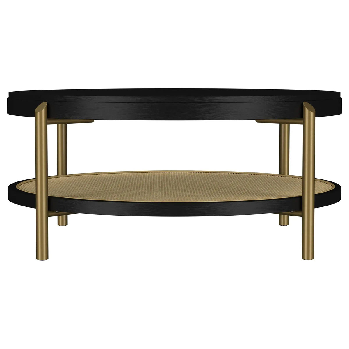 Arini Round Coffee Table With Storage Shelf | 40.75 x 40.75 x 17.25 in | Rattan & Metal | Black