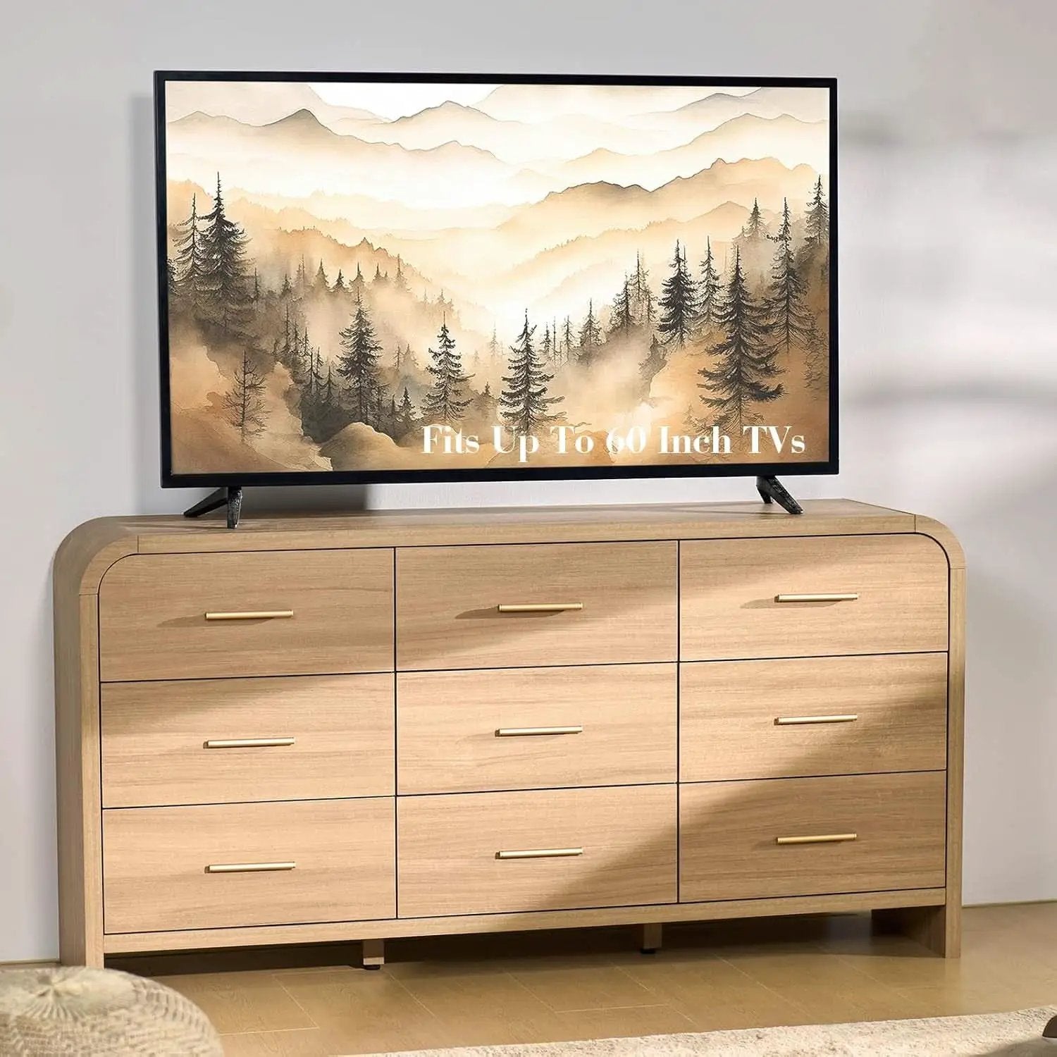 SolidOak Curved Nine Drawer Dresser SixtyThreeInches from PriceLows™