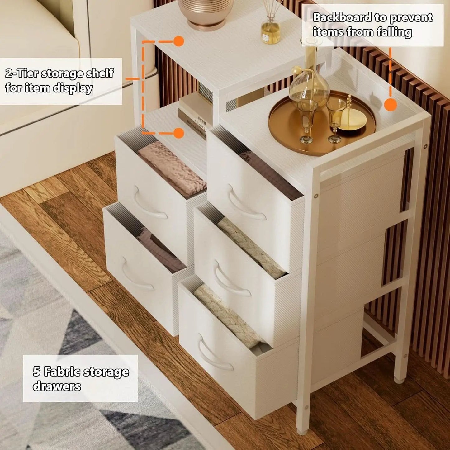 White 5 Drawer Dresser With Metal Frame Bedroom Storage from PriceLows™