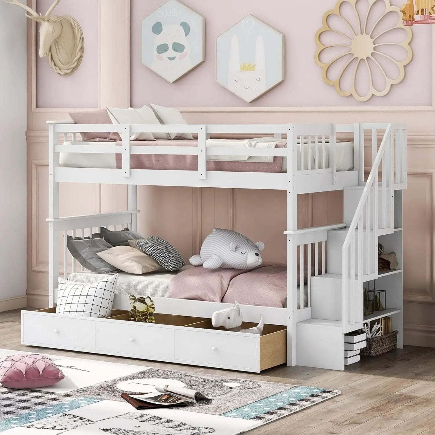 Twin Over Twin Bunk Bed With Stairs Guard Rail And Storage Drawers White from PriceLows™