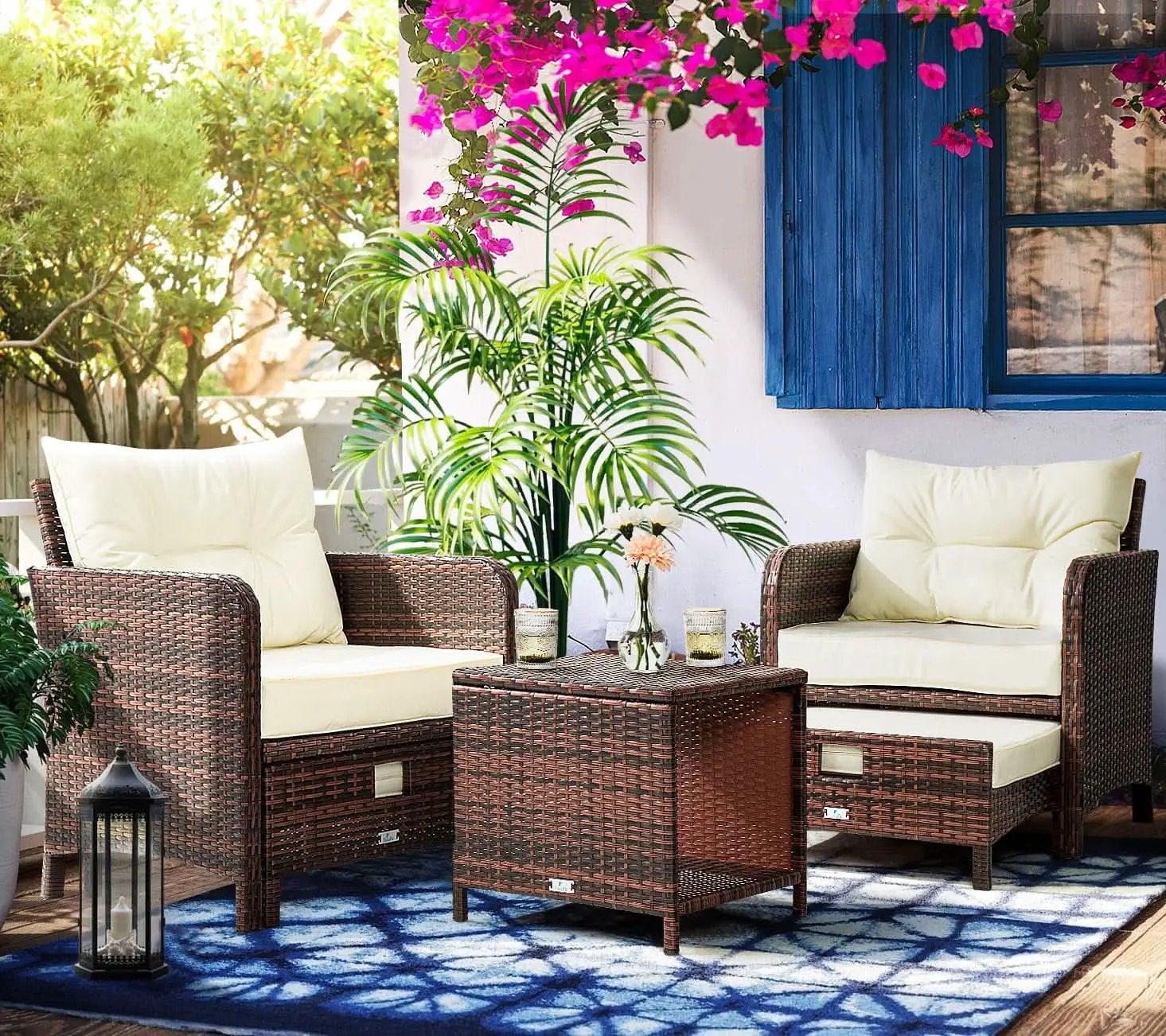 5 Piece Beige Rattan Patio Furniture Set With Ottomans And Coffee Table from PriceLows™