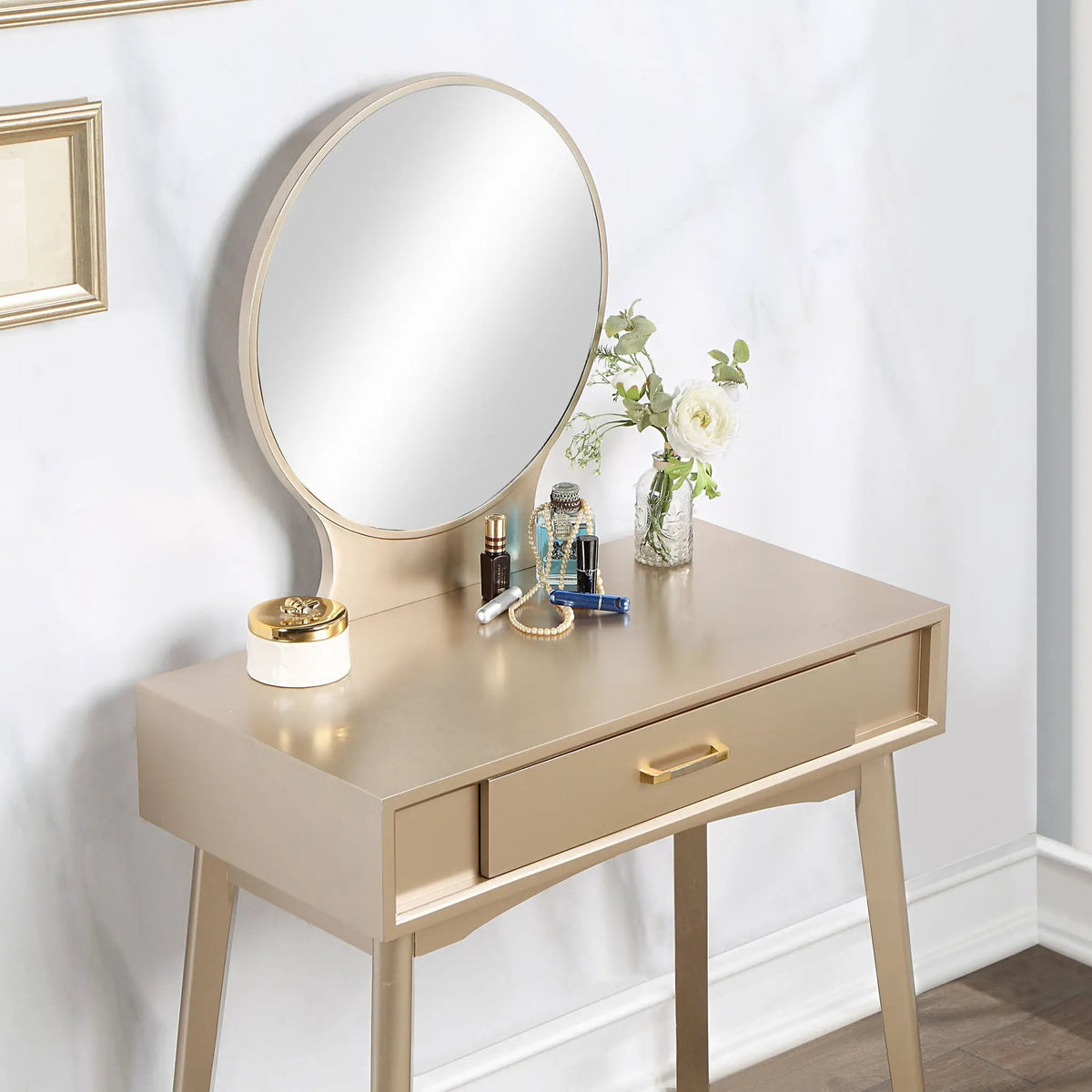 Maly Vanity And Stool Set | Contemporary Wood | Gold Finish | Solid Rubberwood Frame