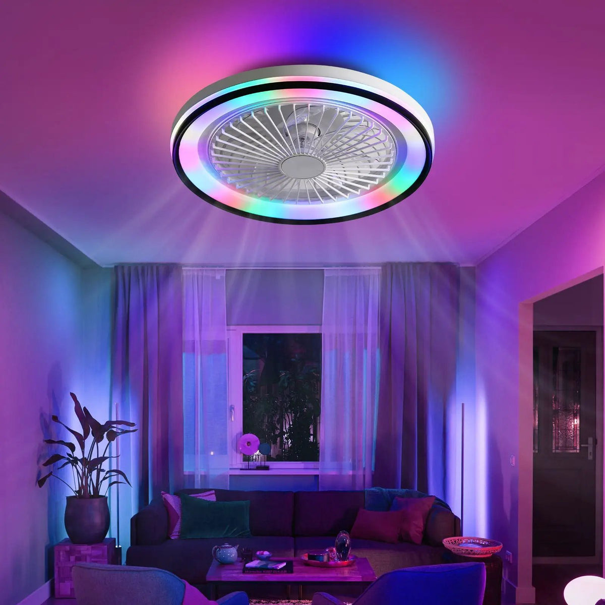 Bladeless Ceiling Fan | RGB Dimmable LED | Flush Mount | 6 Speed Remote Control