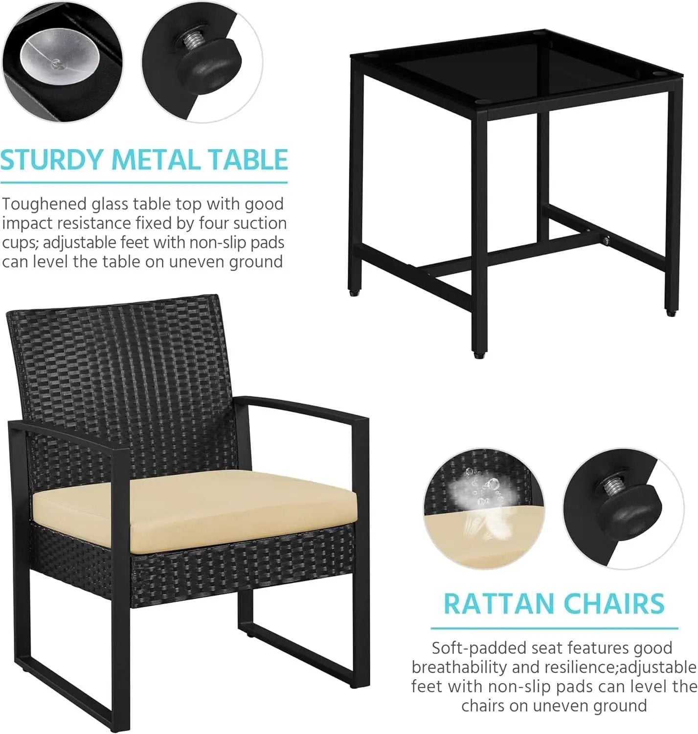 3 Piece Rattan Bistro Set Outdoor Furniture With 2 Chairs And Tempered Glass Coffee Table Black And Khaki from PriceLows™