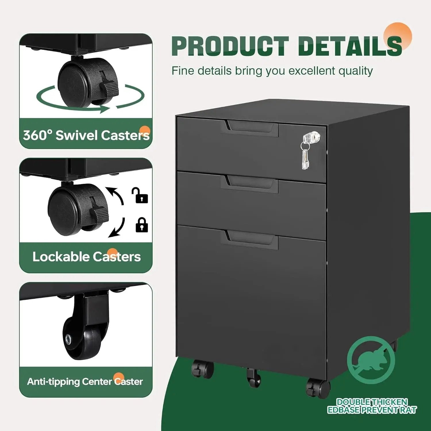 3 Drawer Mobile File Cabinet With Lock In Black Metal Under Desk Organizer For Letters Legal A4 from PriceLows™