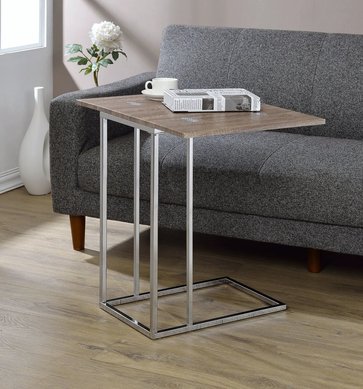 Danson Weathered Accent Table | Oak Finish | Folding Swivel Extension Top | Geometric Metal Base