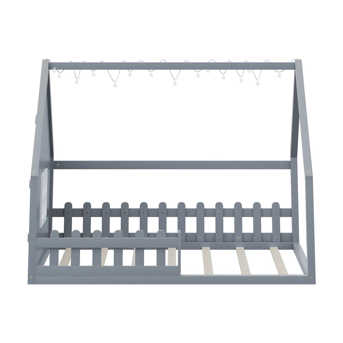 Platform House Bed | Window And Fence Design | Solid Pine Wood | Built-In LED Light