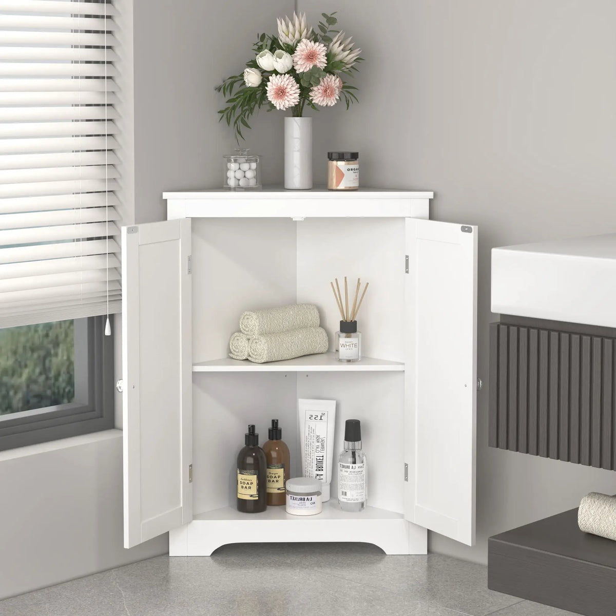 Corner Cabinet | 2 Door | Adjustable Shelves | White Finish