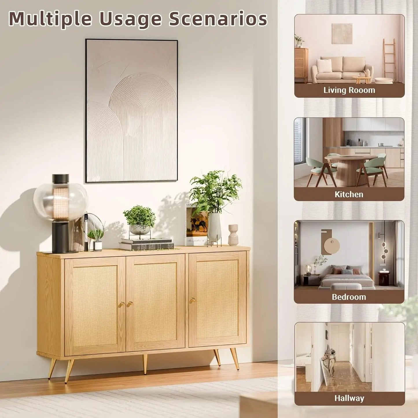 Natural Finish Buffet Cabinet Pair With Rattan Doors from PriceLows™