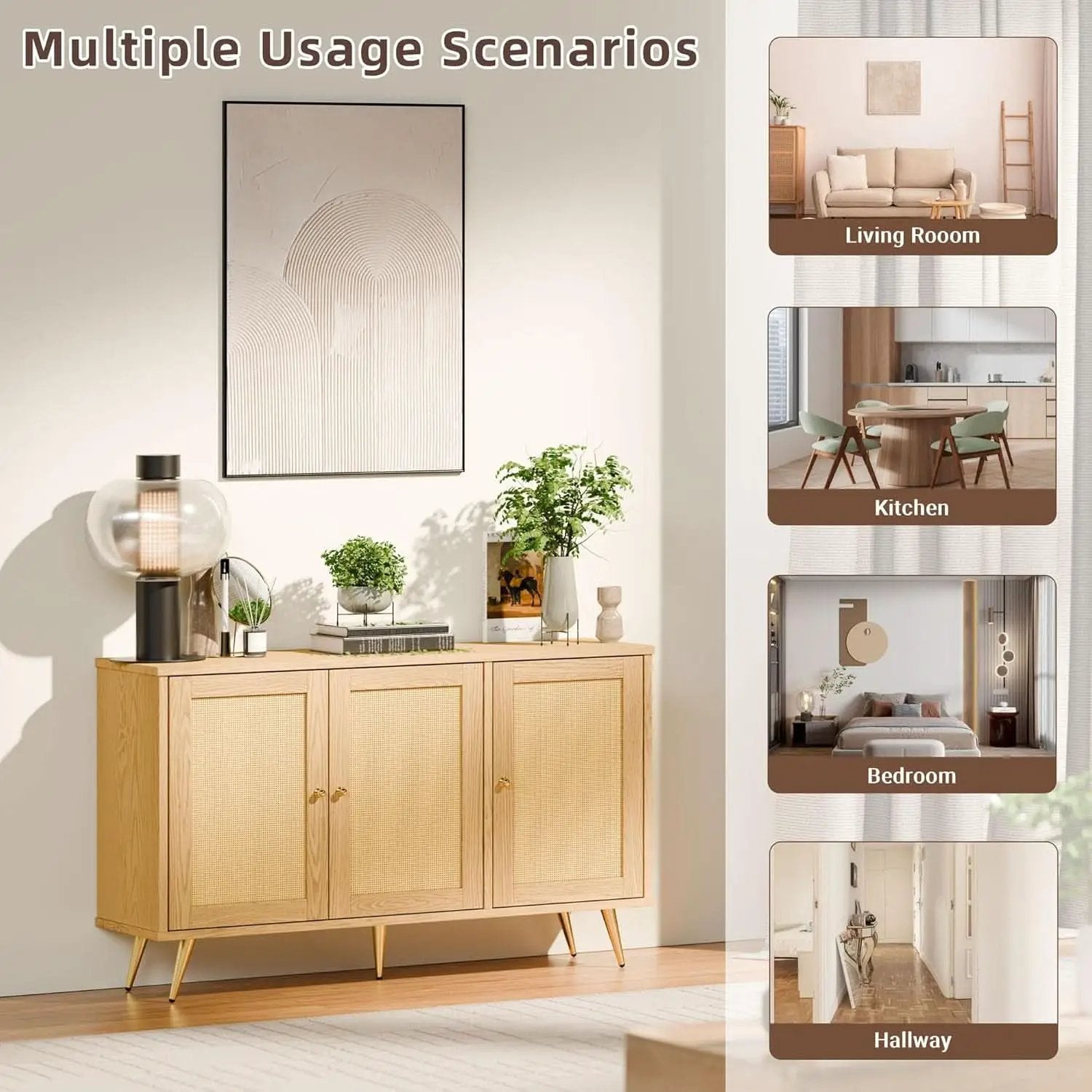 Natural Finish Buffet Cabinet Pair With Rattan Doors from PriceLows™