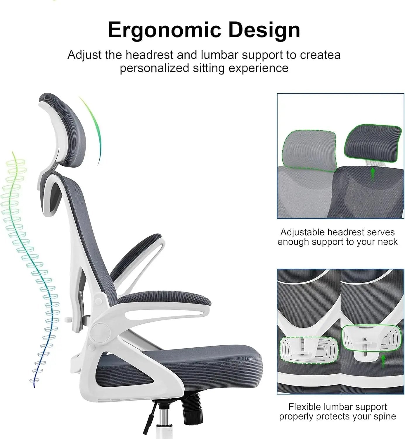 Ergonomic Mesh Office Chair White Gray With Flip Up Armrests from PriceLows™