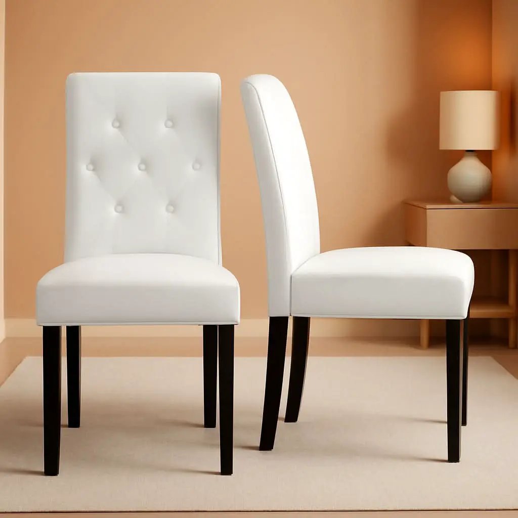Tufted Leather Dining Chairs Set of 2 White Wood Legs from PriceLows™