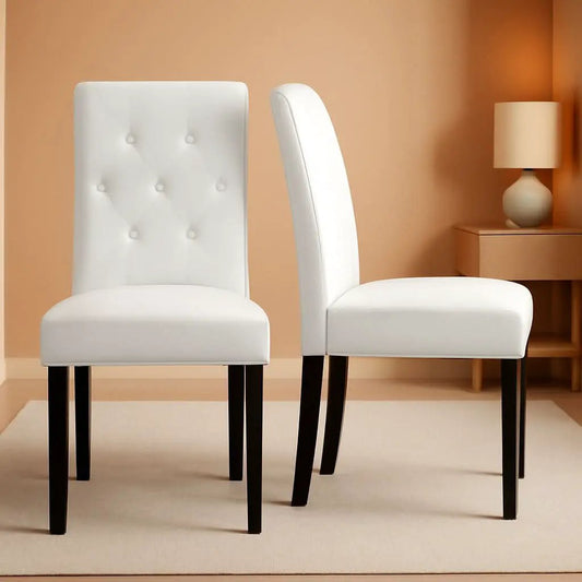 Tufted Leather Dining Chairs Set of 2 White Wood Legs from PriceLows™