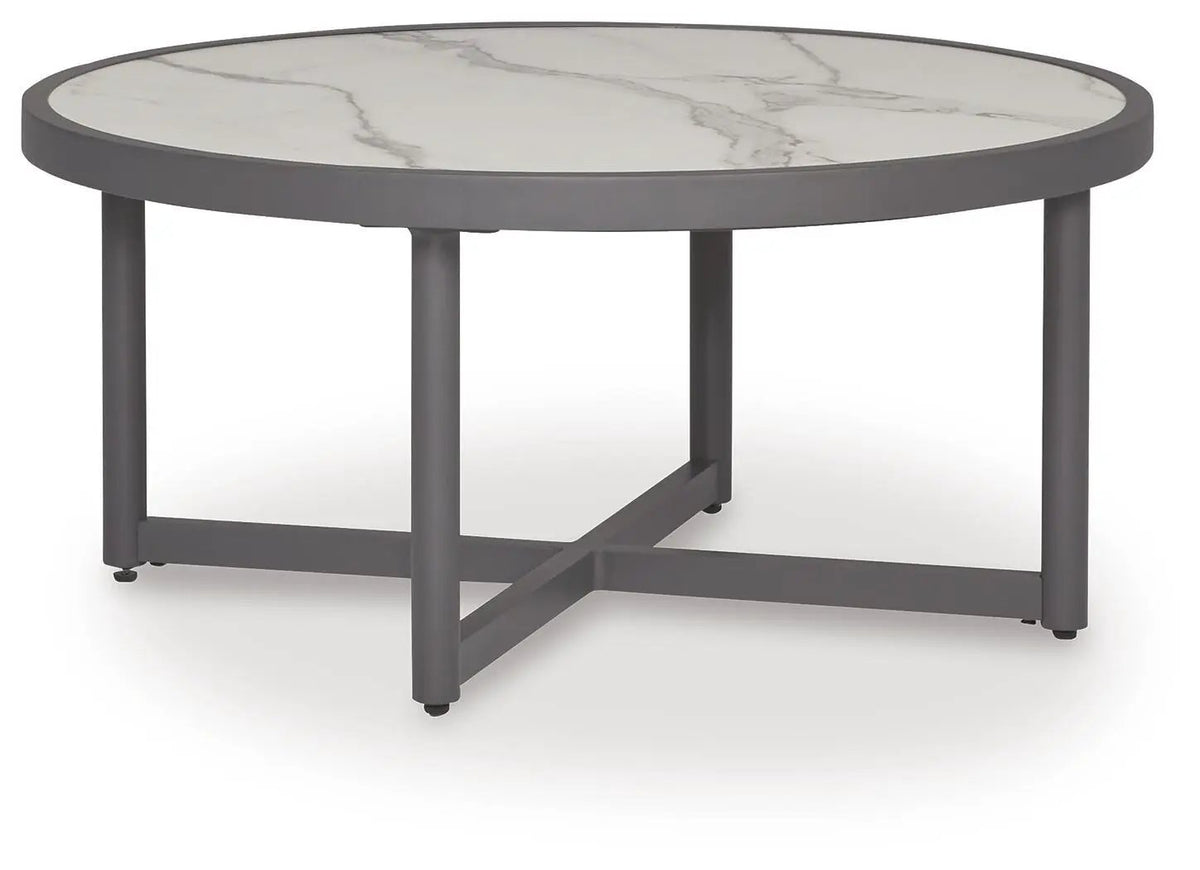 Ocean Beach Round Outdoor Table | Gray Shades | Marble Look Top | Porch And Patio