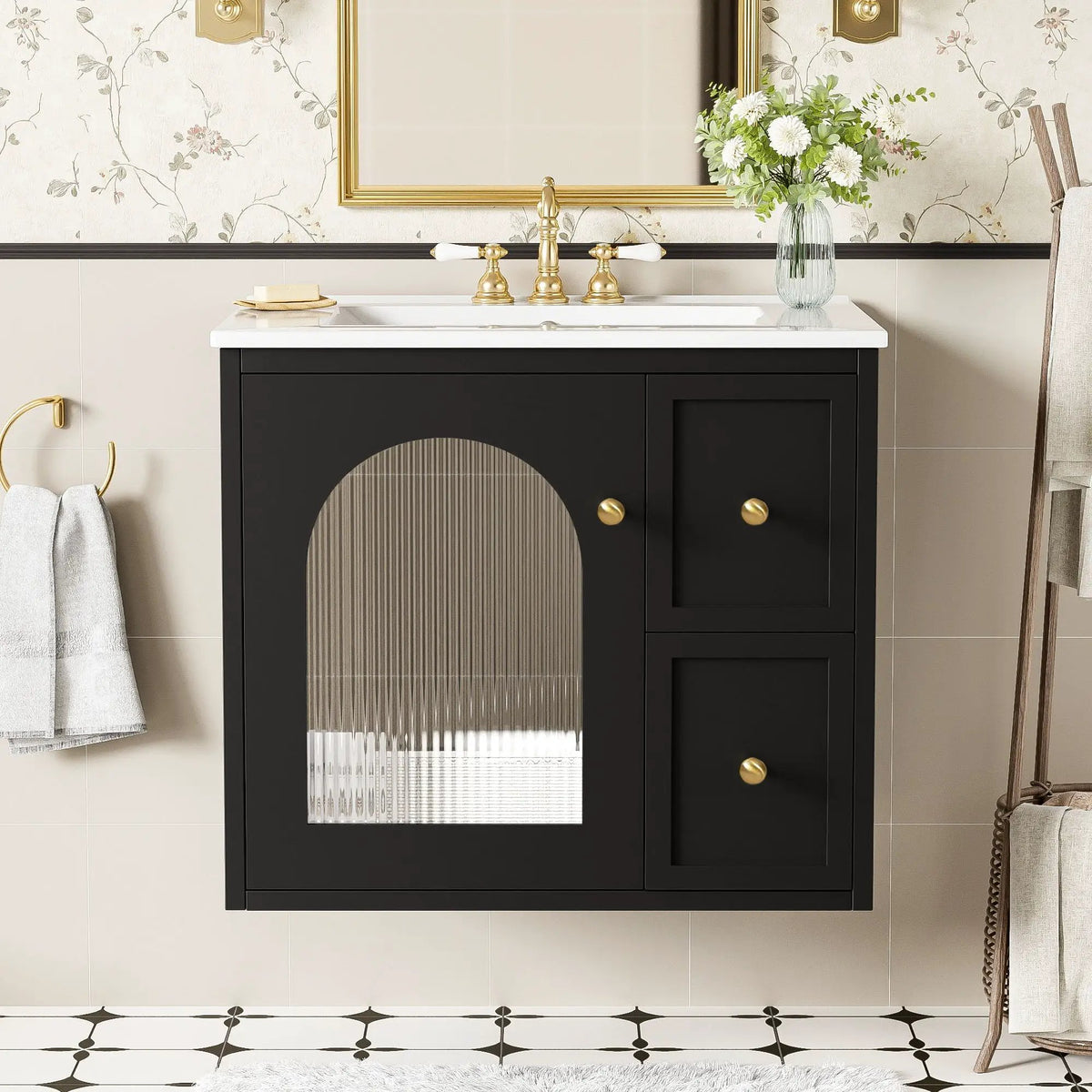 Wall-Mounted Bathroom Vanity Set | Sink Included | 2 Drawers | Soft-Close Glass Door Cabinet