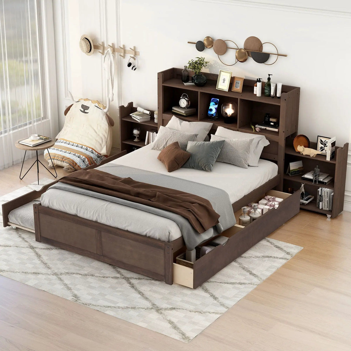 Storage Platform Bed | Solid Pine Wood | Trundle Base | 2 Drawer Storage