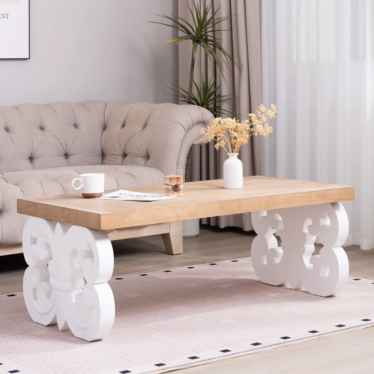 Farmhouse Coffee Table | Ornate Scroll Base | Natural Wood Top | Intricately Carved
