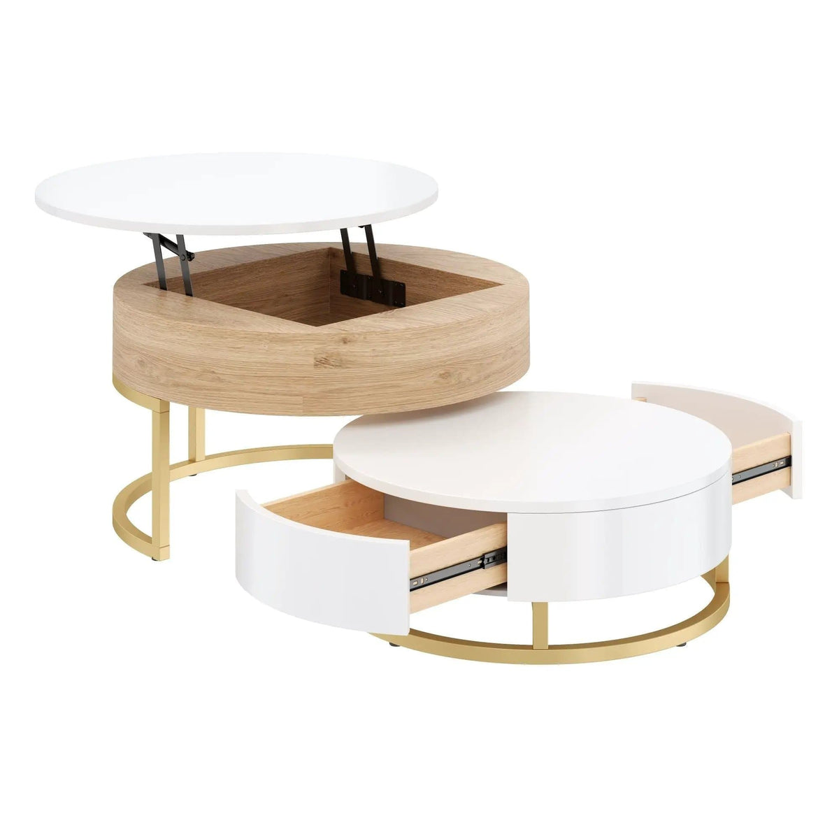 Modern Round Lift-Top Nesting Coffee Tables With 2 Drawers | 31.5 x 31.5 x 15.7 in | Metal | Living Room