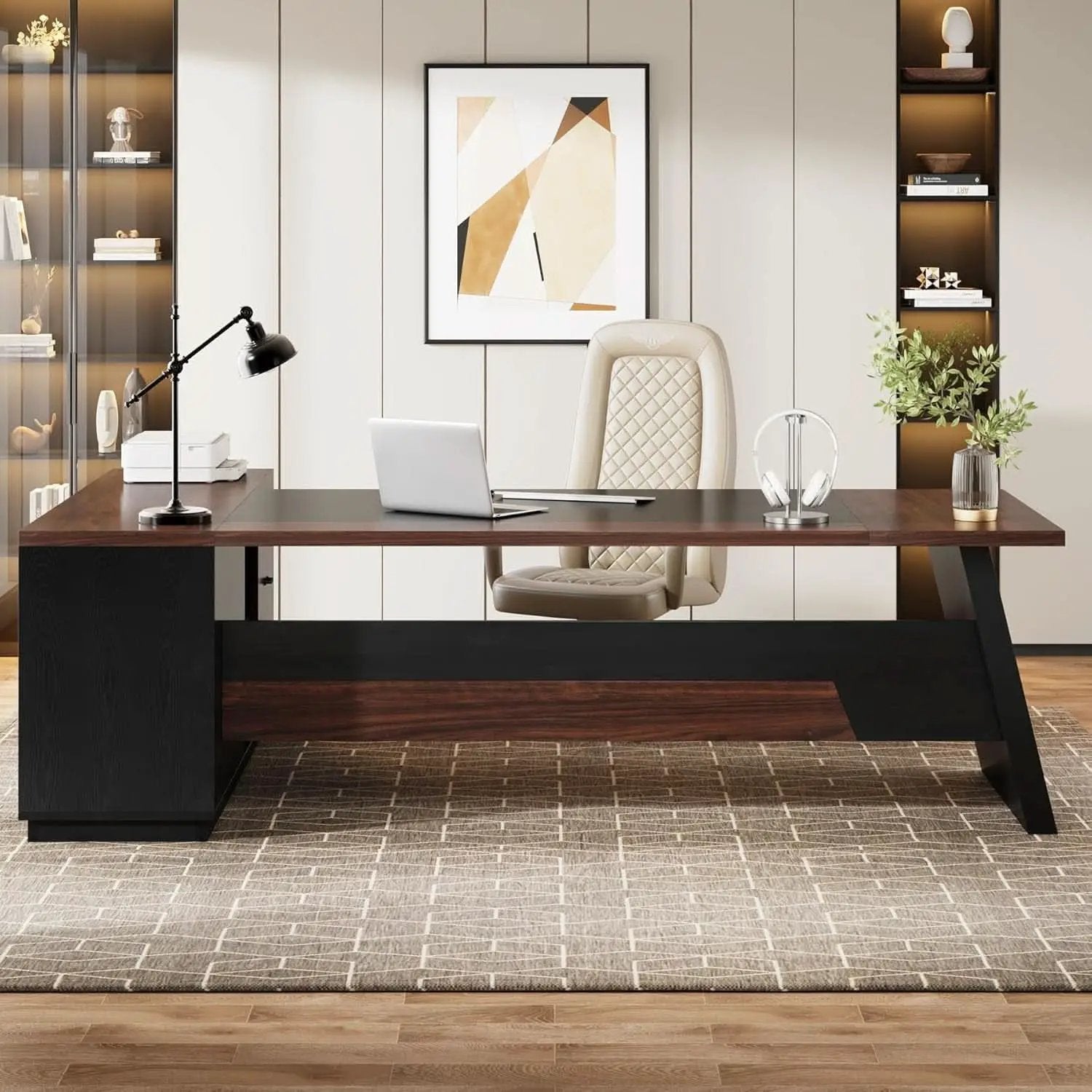 78 Inch L Shaped Executive Desk Walnut Black For Home Office from PriceLows™