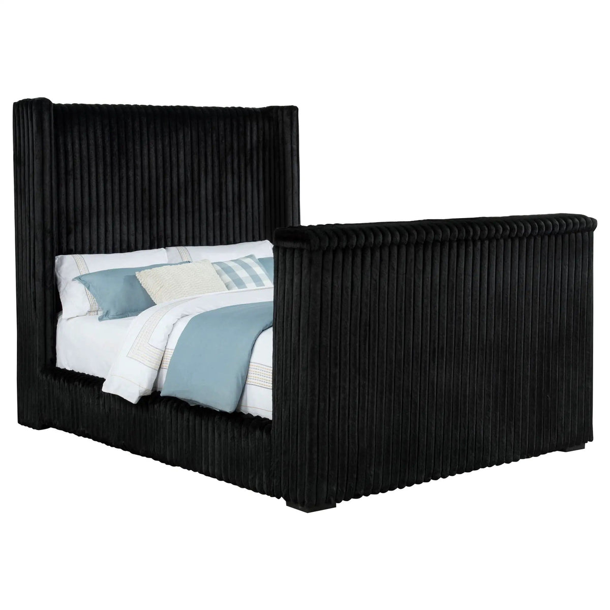 Centergrove Upholstered Queen Wingback TV Bed | 68.5 x 97.25 x 68 in | Velvet | Black