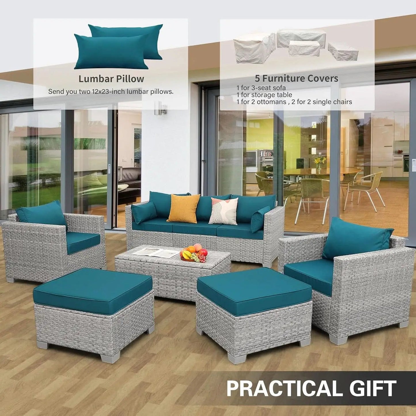 Patio Furniture Set 6 Piece Outdoor Grey Wicker With Peacock Blue Cushions from PriceLows™