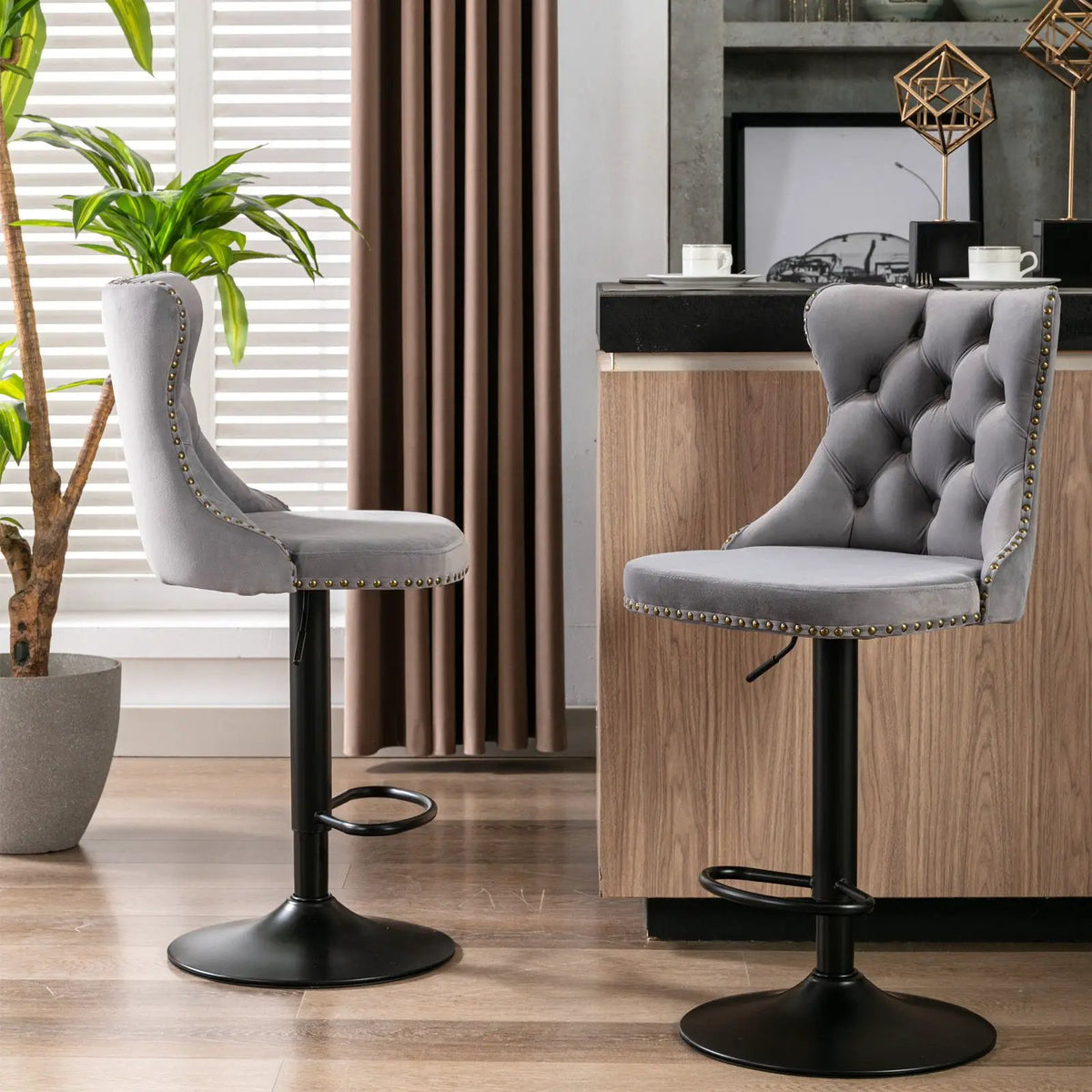 Swivel Barstools | Adjustable Height | Tufted Back With Nailheads | Set of 2