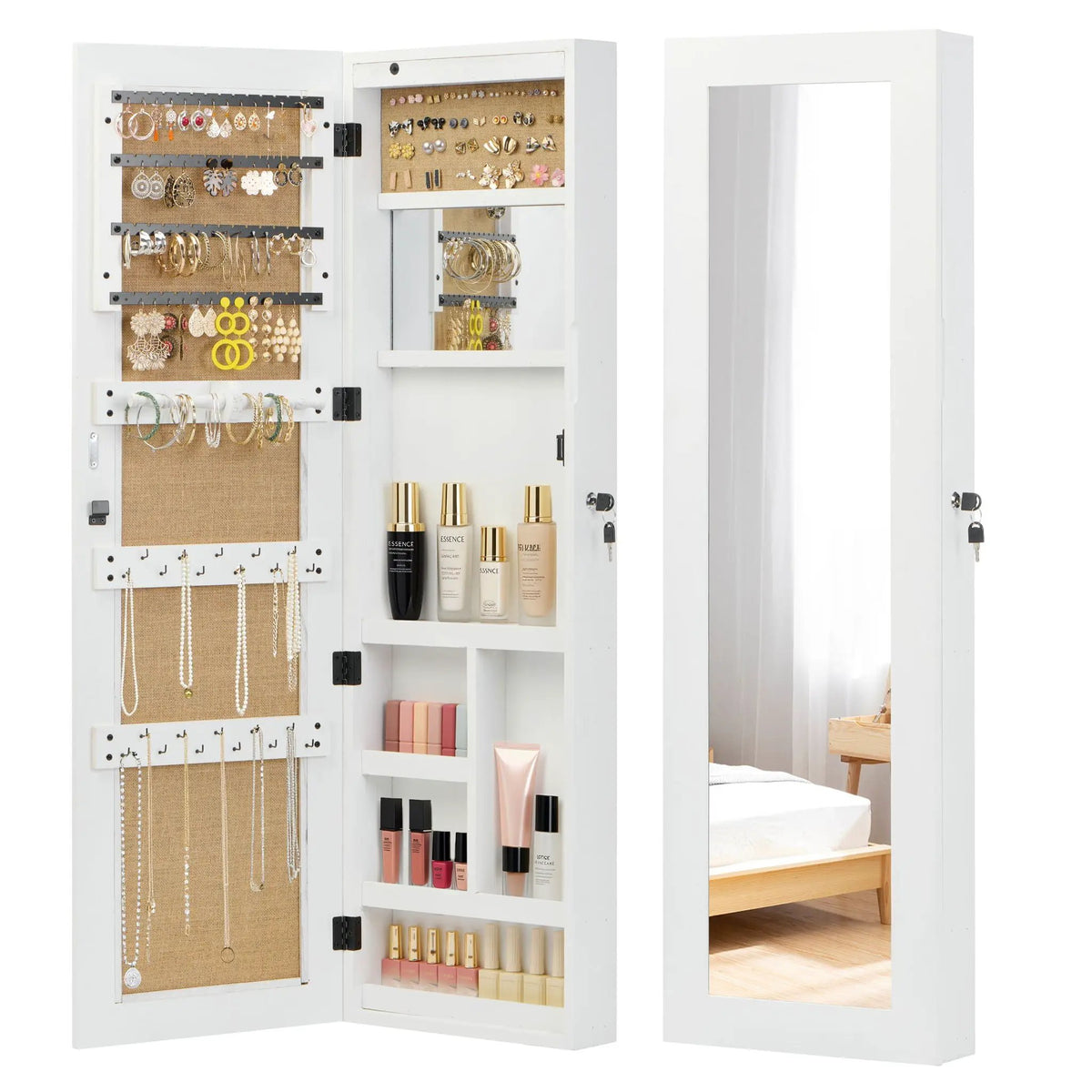 Jewelry Armoire With Full Length Mirror | Lockable Wall Mounted Cabinet | LED Light | Over The Door Use