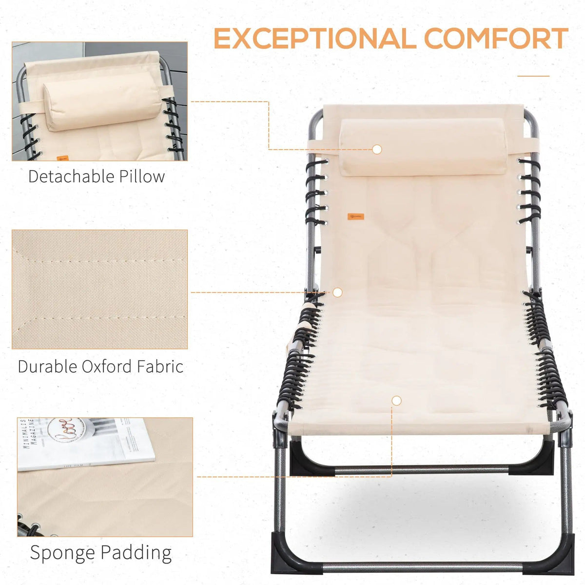 Outsunny Padded Folding Chaise Lounge Chair, Outdoor 6-Level Reclining Camping | 74 x 22.5 x 11.75 in | Steel & Cotton | Beige