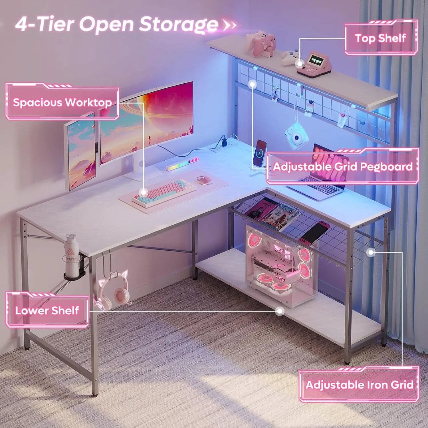 51 Inch L Shaped Gaming Desk With LED Lights And Outlets from PriceLows™