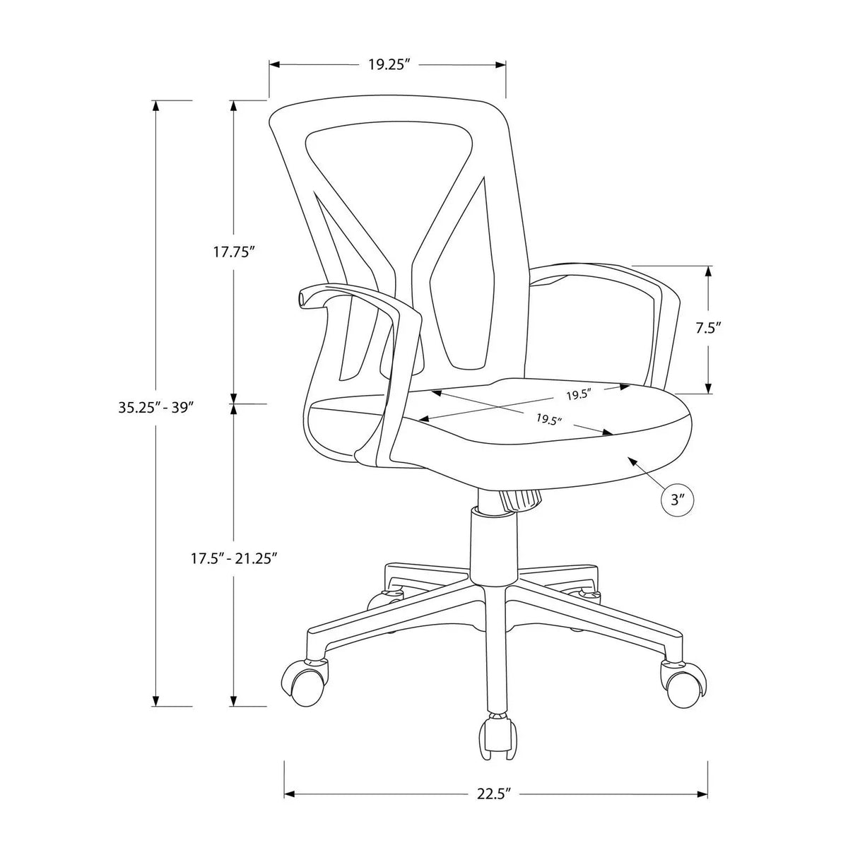 Mesh Mid-Back Office Chair | Fixed Armrests | Deep Extra-Wide Seat | 35.25 Inch Height