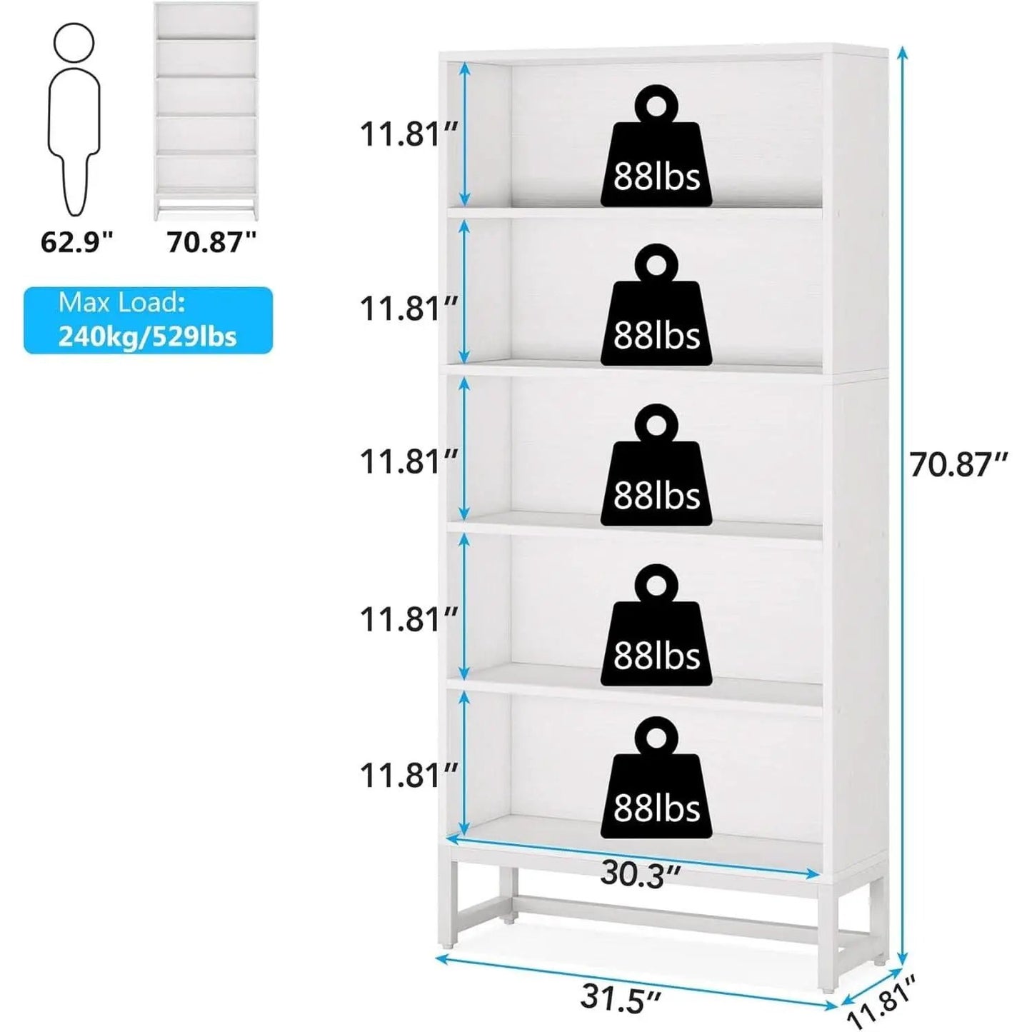 Tall 70.8 Inch Bookcase 5 Tier Heavy Freestanding White from PriceLows™