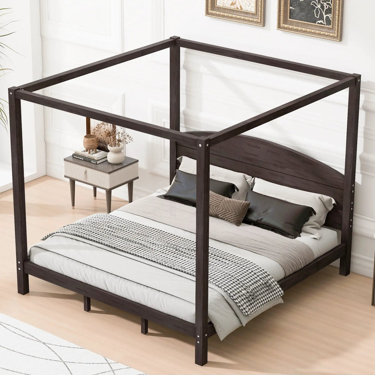 Platform Bed | Reinforced Wood Slats | Integrated Headboard