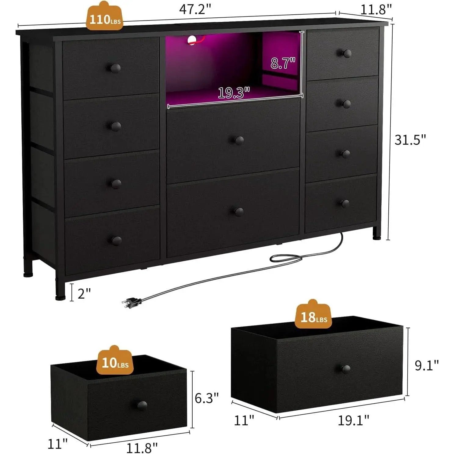Black Dresser With Charging Station And LED Lights from PriceLows™