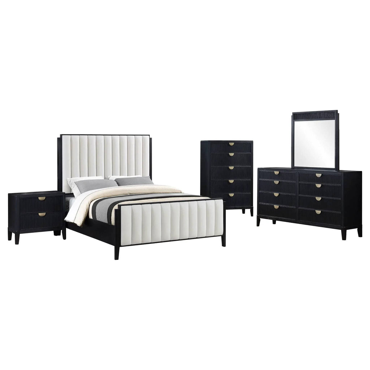 Brookmead 5-piece Upholstered Queen Bedroom Set | 5-Piece Set | Fabric | Black