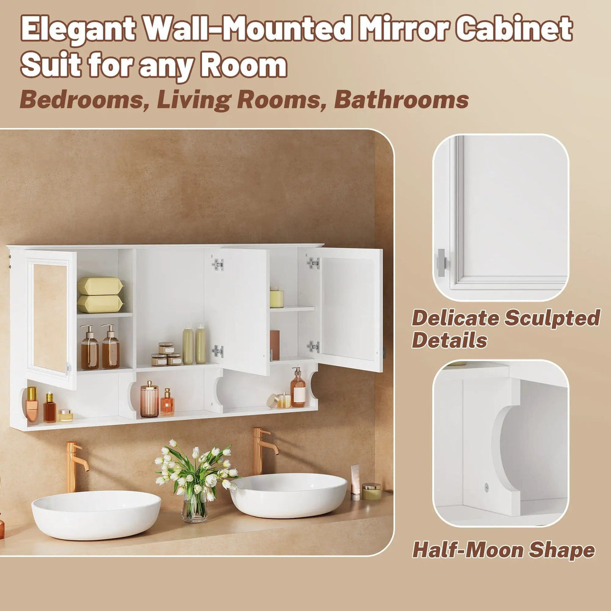 Wall-Mounted Mirror Medicine Cabinet With Adjustable Shelf And Open Shelves | 55 x 7.3 x 28.7 in | Solid Wood | White