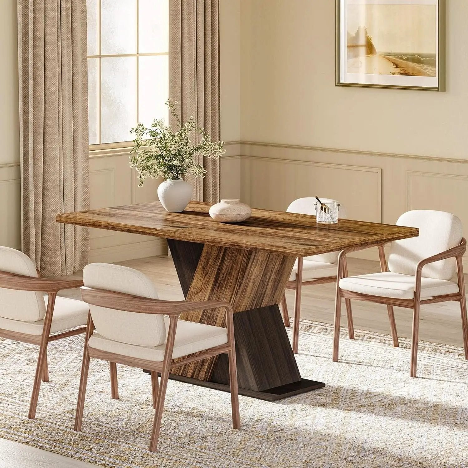 55 Inch Walnut Solid Industrial Dining Table Seats Six from PriceLows™