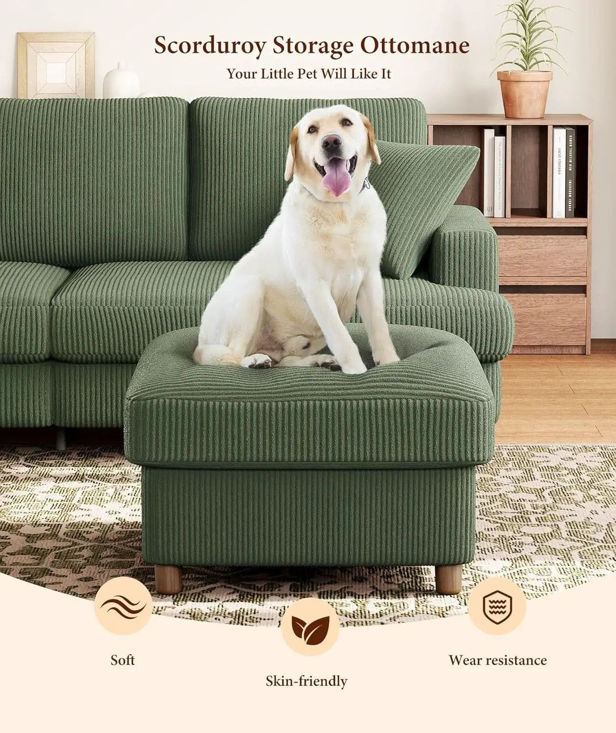 Emerald Corduroy Storage Ottoman 25 Inch Cushioned from PriceLows™