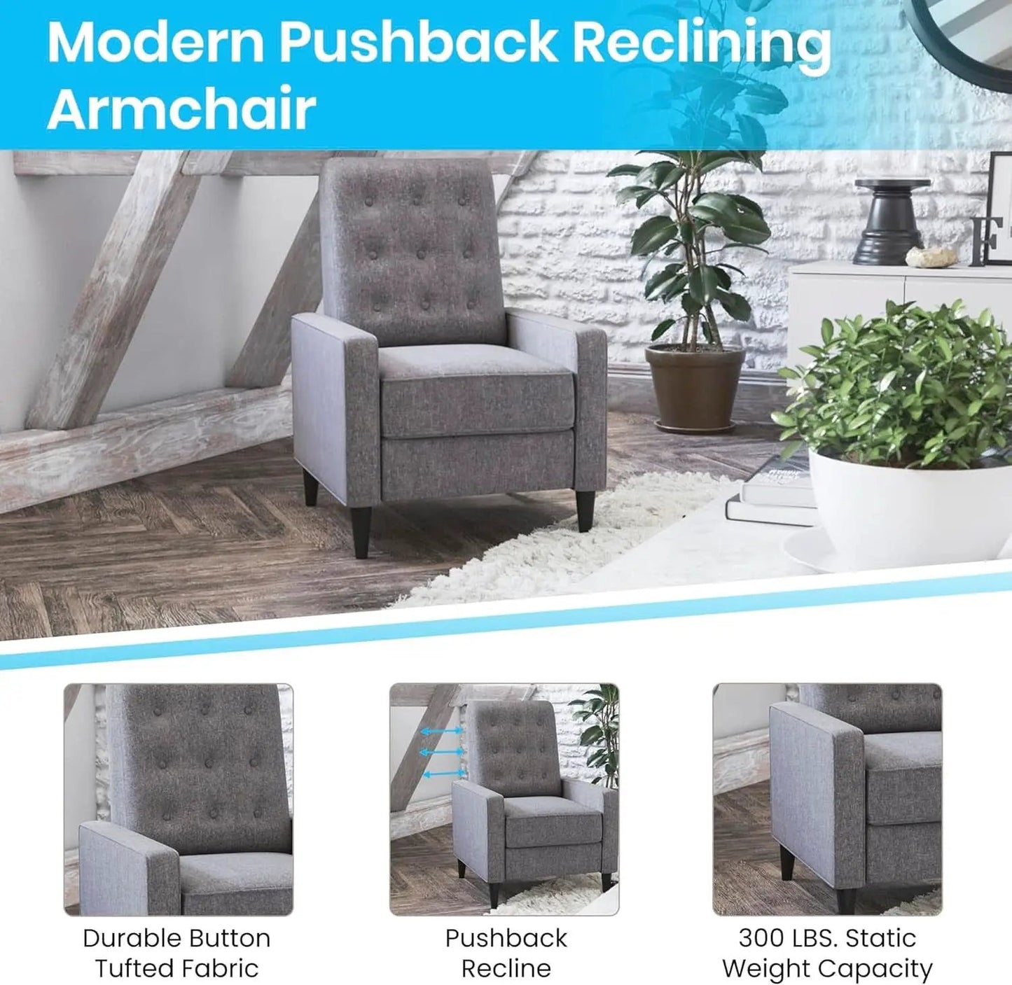 Ezra Pushback Recliner Gray Fabric Mid Century Modern from PriceLows™