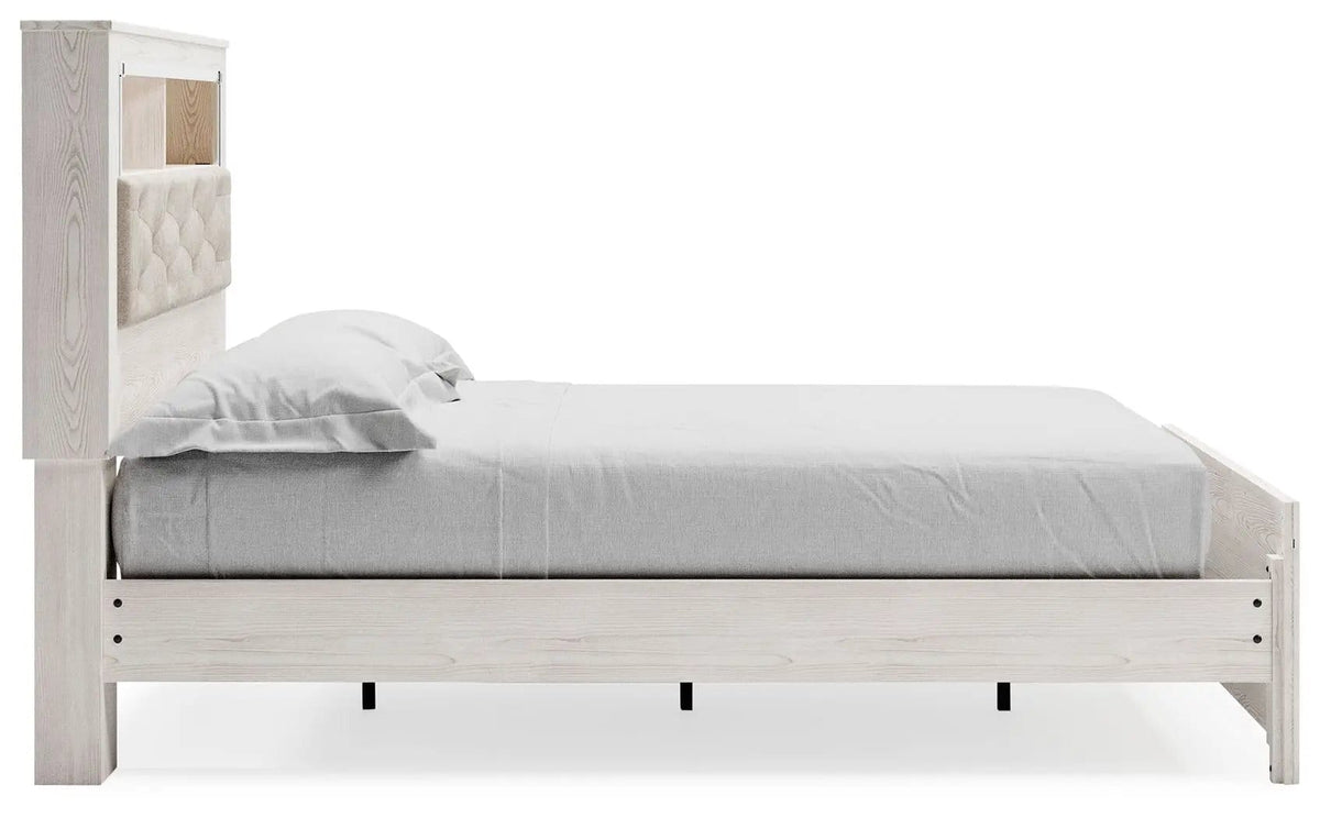 Altyra Queen Panel Bookcase Bed With Roll Slats | Storage Bed | Engineered Wood & Polyester | White