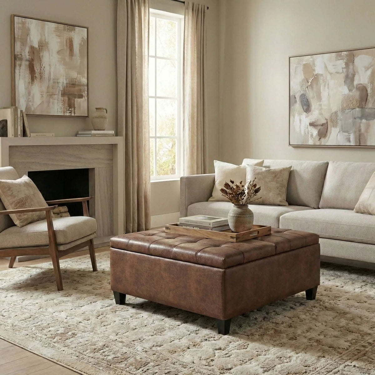 Coffee Table Storage Ottoman | Lift Top Hinge | Solid Wood Base | Large Square