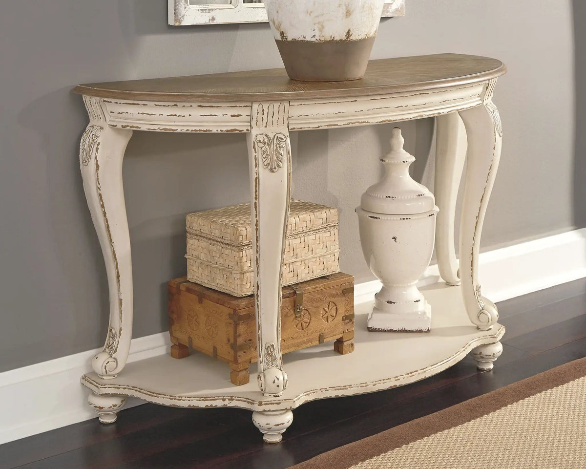 Realyn Sofa Table | 47.88 x 19.13 x 30 in | Engineered Wood & Veneer | White / Brown