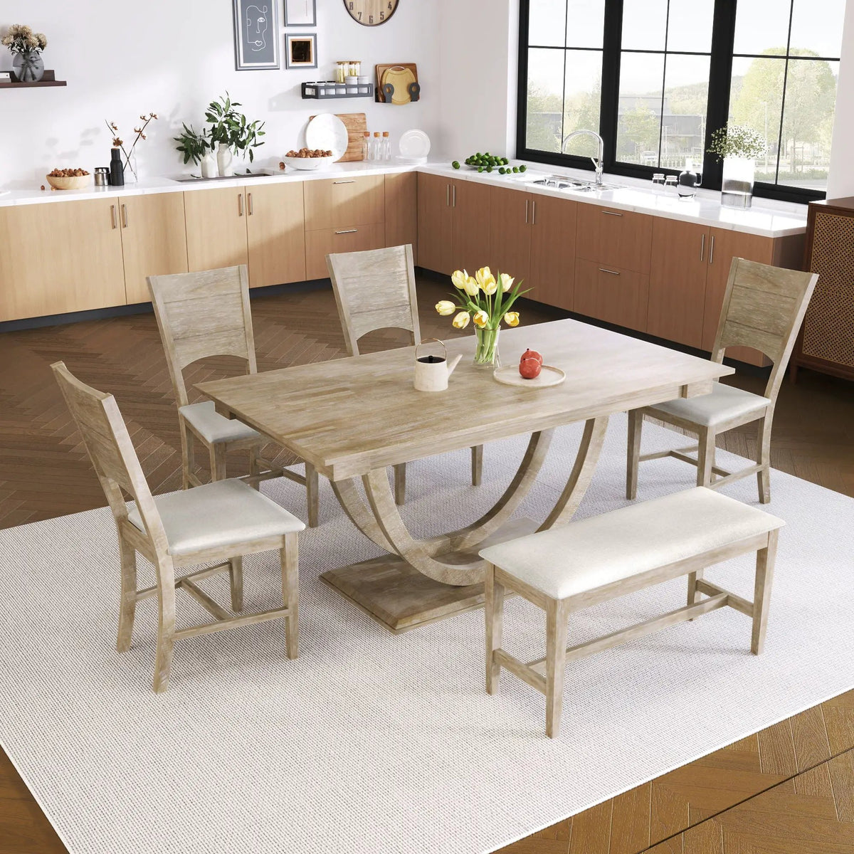Dining Table Set | 6 Piece Solid Wood | Half Round Legs | 59 Inch