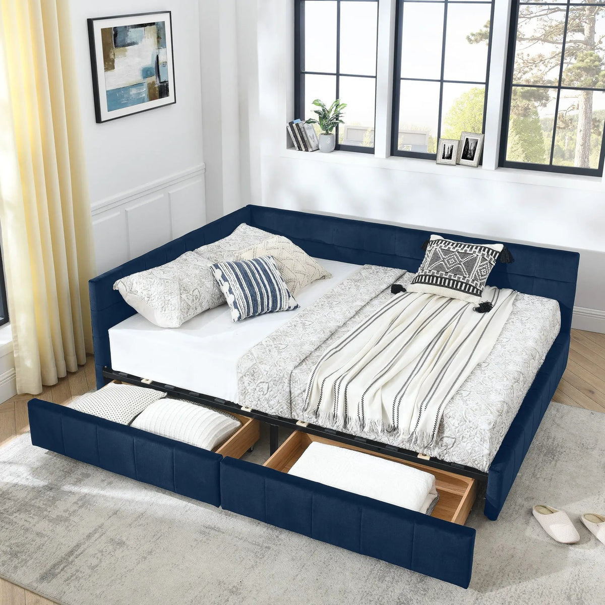 Upholstered Storage Bed Frame | Tufted Backrest And Armrests | Mid-Century Style | Bed Or Sofa Use