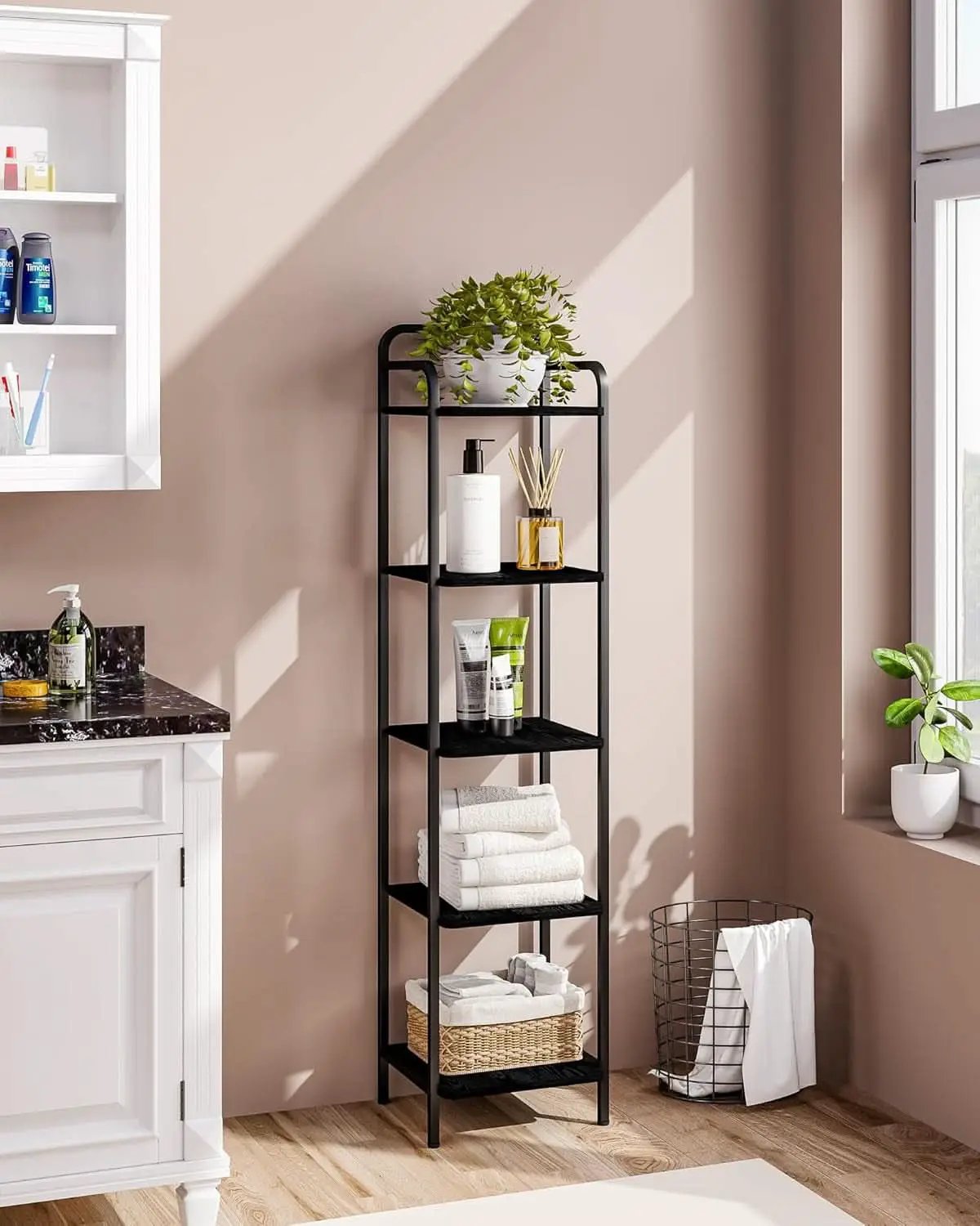 Black 5 Tier Narrow Bookcase Corner Shelf Organizer Industrial Design from PriceLows™